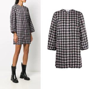 Ganni Seersucker Check Puff Sleeve Mini Dress in Sweet Lilac 32 0